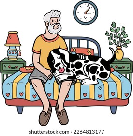 Hand Drawn Elderly man sitting with Dalmatian Dog illustration in doodle style isolated on background