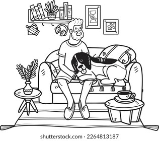 Hand Drawn Elderly man sitting with Beagle Dog illustration in doodle style isolated on background