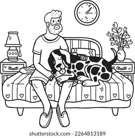 Hand Drawn Elderly man sitting with Dalmatian Dog illustration in doodle style isolated on background
