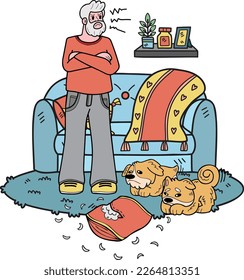 Hand Drawn Elderly man training a dog illustration in doodle style isolated on background