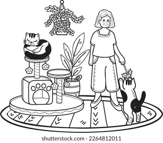 Hand Drawn Elderly play with cat illustration in doodle style isolated on background