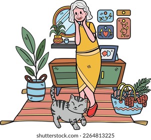 Hand Drawn Elderly play with cat illustration in doodle style isolated on background