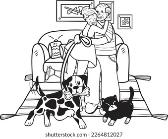 Hand Drawn Elderly play with dogs and cats illustration in doodle style isolated on background