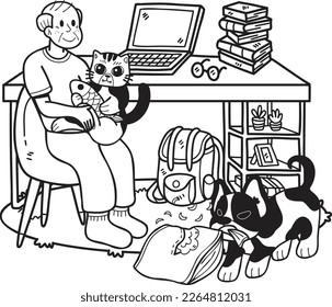 Hand Drawn Elderly play with dogs and cats illustration in doodle style isolated on background