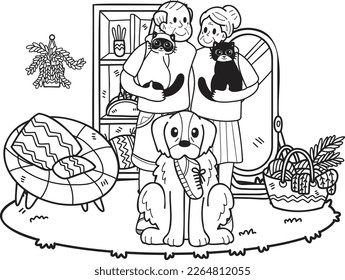 Hand Drawn Elderly play with dogs and cats illustration in doodle style isolated on background