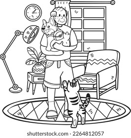 Hand Drawn Elderly play with dogs and cats illustration in doodle style isolated on background