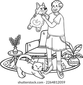 Hand Drawn Elderly play with dogs and cats illustration in doodle style isolated on background
