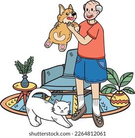 Hand Drawn Elderly play with dogs and cats illustration in doodle style isolated on background