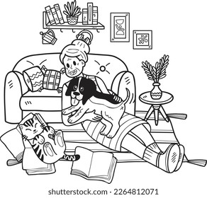 Hand Drawn Elderly play with dogs and cats illustration in doodle style isolated on background