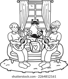 Hand Drawn Elderly playing guitar with cat illustration in doodle style isolated on background