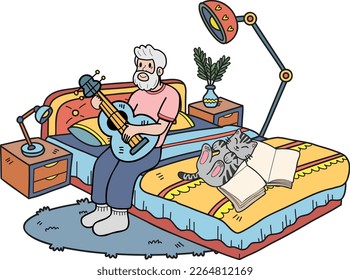 Hand Drawn Elderly playing guitar with cat illustration in doodle style isolated on background