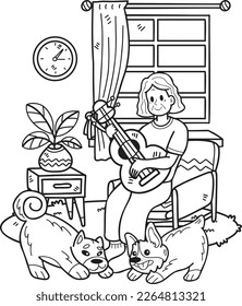 Hand Drawn Elderly playing guitar with dog illustration in doodle style isolated on background