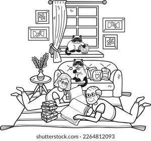 Ancianos de mano arrastrada leyendo un libro con una ilustración de gato en estilo doodle aislado en el fondo