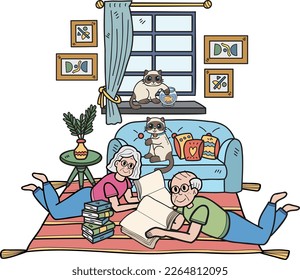 Hand Drawn Elderly reading a book with a cat illustration in doodle style isolated on background