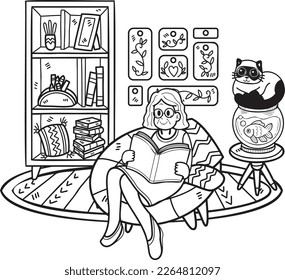 Hand Drawn Elderly reading a book with a cat illustration in doodle style isolated on background