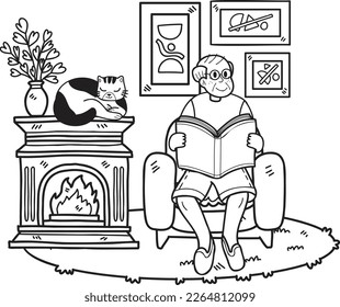 Hand Drawn Elderly reading a book with a cat illustration in doodle style isolated on background