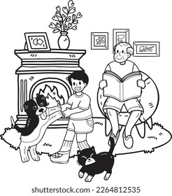 Hand Drawn Elderly reading books with dogs and cats illustration in doodle style isolated on background