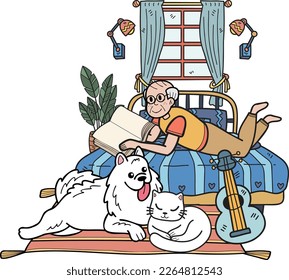 Hand Drawn Elderly reading books with dogs and cats illustration in doodle style isolated on background