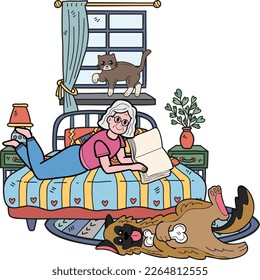 Hand Drawn Elderly reading books with dogs and cats illustration in doodle style isolated on background