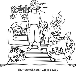 Hand Drawn Elderly scolded the cat illustration in doodle style isolated on background