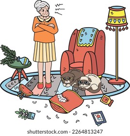 Hand Drawn Elderly scolded the cat illustration in doodle style isolated on background