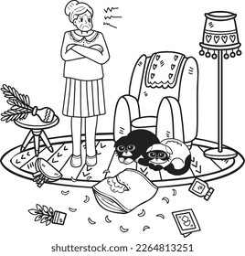 Hand Drawn Elderly scolded the cat illustration in doodle style isolated on background