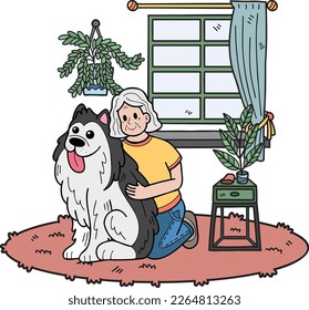 Hand Drawn Elderly sitting with the dog illustration in doodle style isolated on background