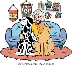 Hand Drawn Elderly woman training a dog illustration in doodle style isolated on background