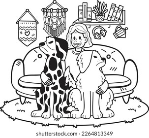 Hand Drawn Elderly woman training a dog illustration in doodle style isolated on background