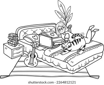 Hand Drawn Elderly working in a room with cats illustration in doodle style isolated on background