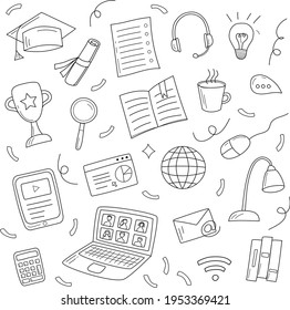 Hand drawn E-learning set on a white background. Vector illustration in doodle style with cute elements. Graduation online concept. Perfect for university poster, flyer, app, or website