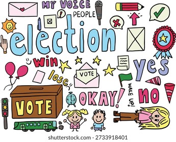 Hand drawn election day including vote box, ballot paper, pen, pencil, microphone, yes and no letters, people, envelope, bus, traffic light, win and lose letters, arrow sign, flag, stars, party hats