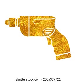 Hand Drawn Electric Drill Icon In Gold Foil Texture Vector Illustration