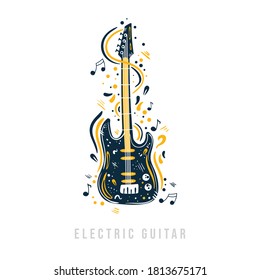 Guitarra eléctrica dibujada a mano con notas, cintas y puntos a su alrededor.  Guitarra de diseño creativo de rock and roll.  Se puede usar para afiches, camisetas, banner del festival de música, portada, logo. 