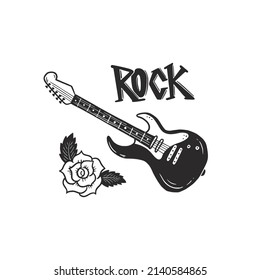 Hand drawn electric guitar with rock text. Doodle sketch style. Drawing line simple guitar poster. Isolated vector illustration.