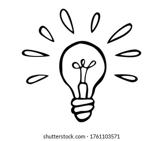 Hand drawn electric light bulb, symbol of a good new idea. Vector illustration, black isolated on white background
