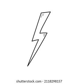 Hand drawn electric lightening element. Comic doodle sketch style. Thunderbolt for flash, energy concept icon. Vector illustration.