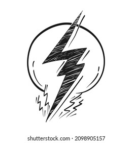 handgezeichneter elektrischer Blitz, Donner im Doodle-Stil. einzeln auf weißem Hintergrund. Vektorgrafik