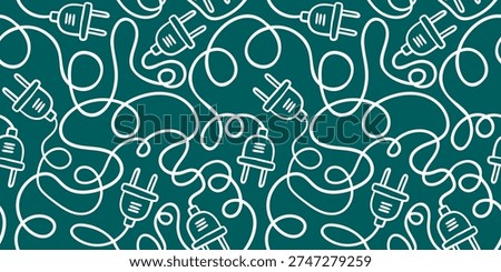 hand drawn electric plug seamless pattern with tangled cable wires on teal background for electrical connection and power design