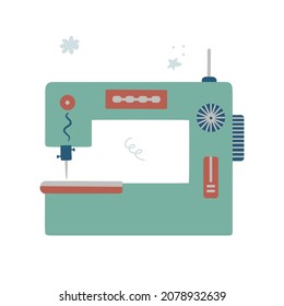 Hand drawn electric sewing machine isolated on a white background. Doodle, illustration in a simple flat style. It can be used for decoration of textile, paper and other surfaces.