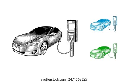 Hand drawn Electric Vehicle getting electricity from renewable power generation