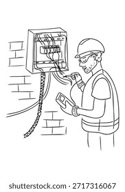 Dibujado a mano electricista que trabaja con el panel eléctrico y los alambres de prueba en estilo industrial de la línea aislado en el fondo blanco. La Imagen representa servicio eléctrico, mantenimiento de seguridad