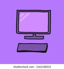 Hand Drawn of Electronic Desktop Computer with keyboard in Purple tone