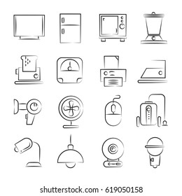 hand drawn electronic device and home appliance icon set