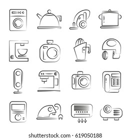 hand drawn electronic device and home appliance icon set