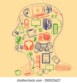 Hand drawn electronic gadget icons in man head with notebook, phone, game pad, photo camera, tablet, pc, flash card, headphones, watches, computer, laptop, monitor, headphones and other