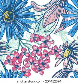 Hand drawn elegance fresh floral seamless pattern. Vintage botanical endless texture. All objects are conveniently grouped  and are easily editable