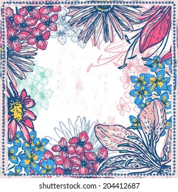 Hand drawn elegance fresh floral card. Vintage botanical background. All objects are conveniently grouped  and are easily editable