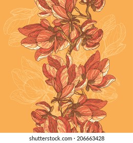 Hand drawn elegance  magnolia flowers seamless border. All objects are conveniently grouped on different layers and are easily editable