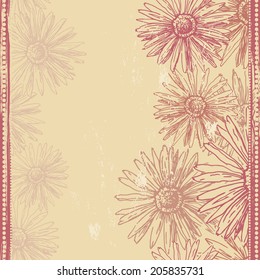 Hand drawn elegance retro daisies seamless banner. Vintage botanical endless background. All objects are conveniently grouped  and are easily editable